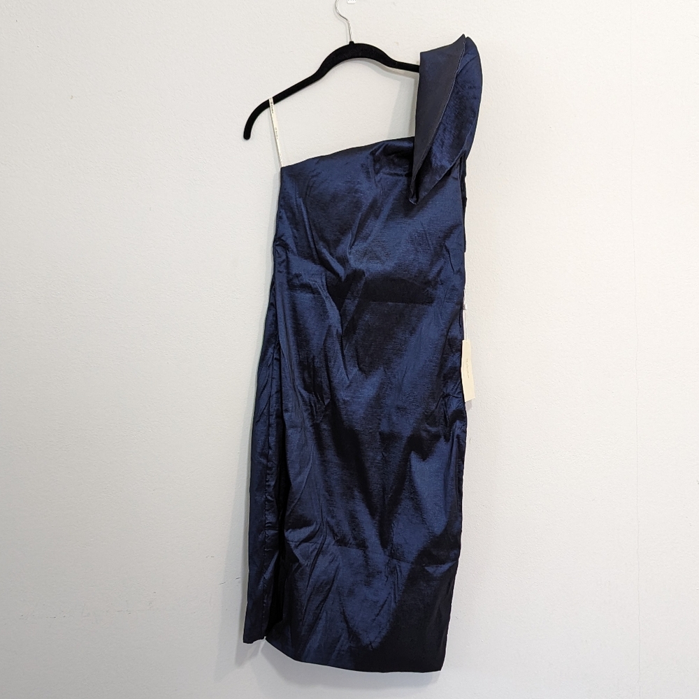 Navy Blue Satin Cocktail Formal Gown Shoulder Bow Size 12